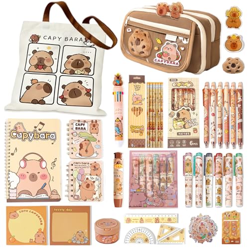 DHUENIOPE カピバラギフト カピバラをテーマにしたトートバッグと文房具セット 筆箱 付箋 ボールペン スパイラル ノート シャープナー 蛍光ペン 定規 消しゴム ご褒美 誕...