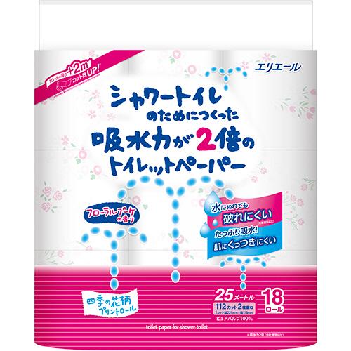 エリエール　シャワートイレのためにつくった吸水力が２倍のトイレットペーパー　フラワープリント香水付　ダブル　２５ｍ　７２ロール：１８ロール×４パック