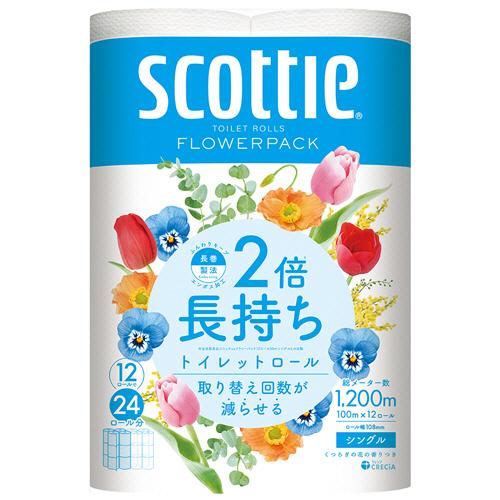 【48ロール】トイレットペーパー シングル まとめ買い 2倍 長持ち スコッティ フラワーパック 香り付き （100m×12ロール×4パック）