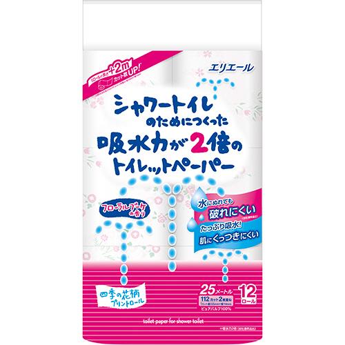シャワートイレのためにつくった吸水力が２倍のトイレットペーパー　フラワープリント香水付　ダブル　芯あり　２５ｍ　（７２ロール：１２ロール×６パック）
