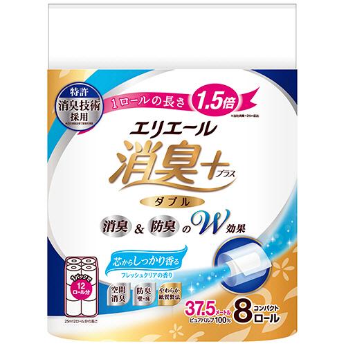 エリエール　消臭＋　トイレットティシュー　コンパクト　ダブル　３７．５ｍ　芯からしっかり香るフレッシュクリアの香り　９６ロール：８ロール×１２パック
