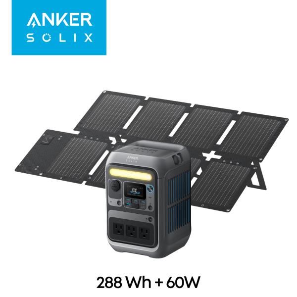 Anker Solix C300 Portable Power Station with Anker Solix PS60 Compact Portable Solar Panel