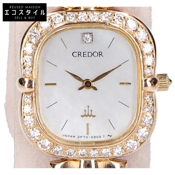 仕上げ済み   SEIKO CREDOR セイコークレドール 18KT シェル文字盤 ダイヤベゼル パールベルト クォーツ 腕時計 レディース