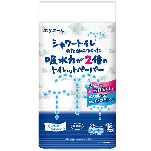 エリエール　シャワートイレのためにつくった吸水力が２倍のトイレットペーパー　ダブル　芯あり　２５ｍ　無香料（７２ロール：１２ロール×６パック）