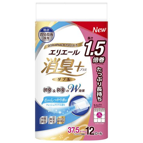 消臭＋　トイレットティシュー　たっぷり長持ち　ダブル　芯あり　３７．５ｍ　フレッシュクリアの香り　（７２ロール：１２ロール×６パック）