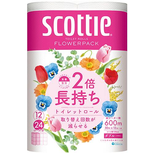 【48ロール】トイレットペーパー ダブル まとめ買い 2倍 長持ち スコッティ フラワーパック 香り付き （50m×12ロール×4パック）