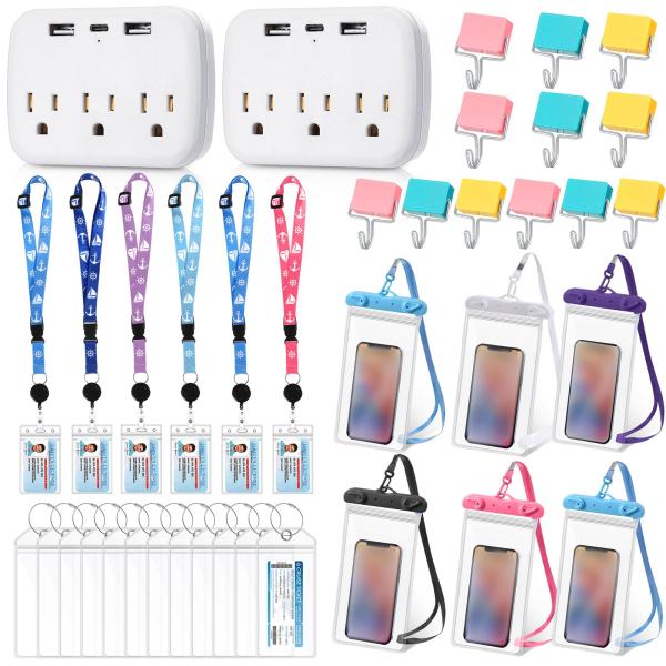 クルーズアクセサリーキット 38点セット ランヤード6本・荷物タグ12枚・電源タップ2個・防水スマホ袋6枚・磁石フック12個